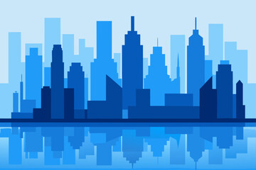 Naklejka premium Blue cityscape with water reflections view