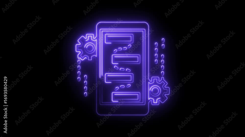 Poster neon mobile app workflow with gears on black background animation concept