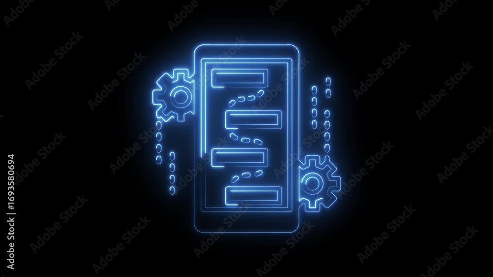 Aufkleber neon mobile app development process with gears and data flow animation