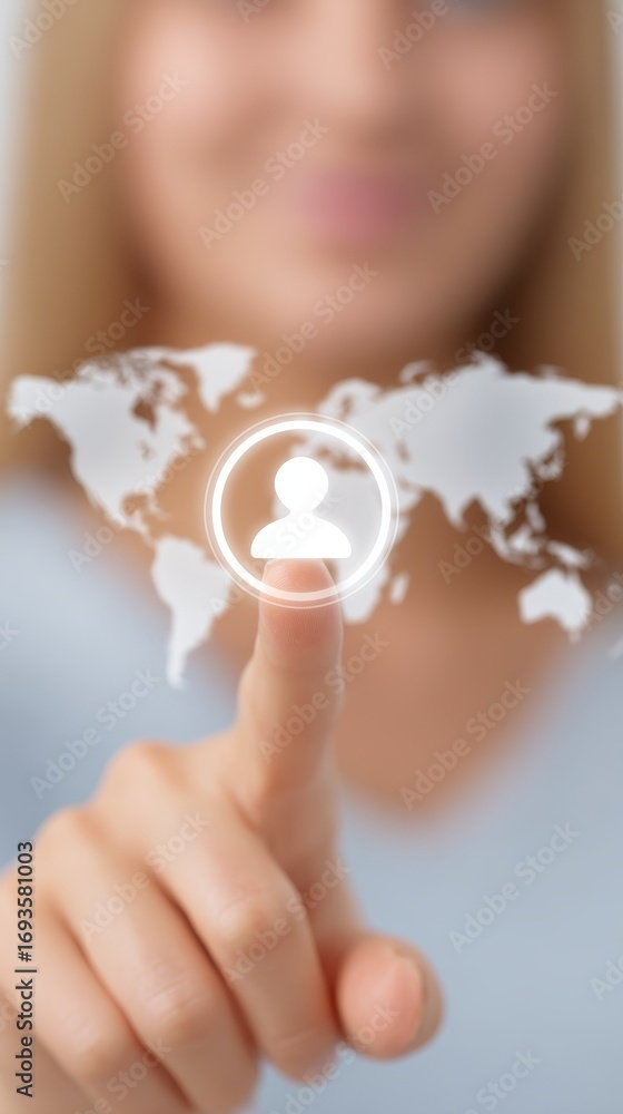Poster global connections, woman navigating interactive world map interface exploring.