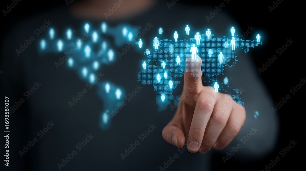 Poster interactive global exploration, person navigating world map on touch screen display.