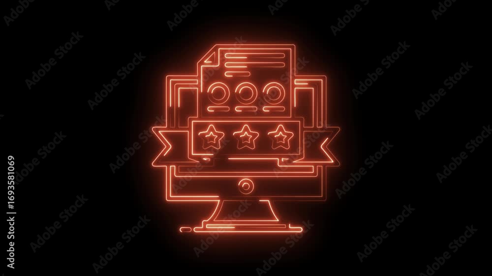 Poster neon computer displaying document review with three star rating system animation loop