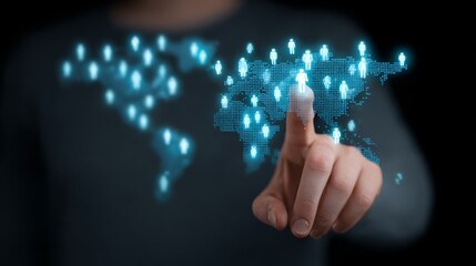 Interactive global exploration, person navigating world map on touch screen display.