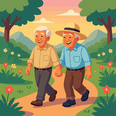Elderly Couple Walking Hand-in-Hand in a Park for International Day of Older Persons