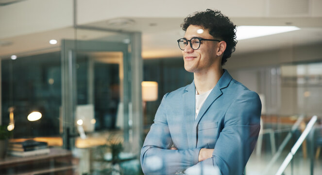 Thinking, window and business man in office, proud reflection and vision for company growth. Ideas, ambition and manager with smile for corporate development, planning and dream for future success - Powered by Adobe