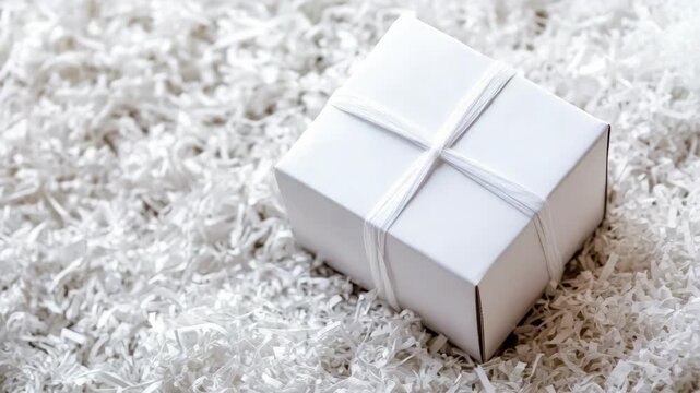 White gift box tied with string on bed of shredded paper