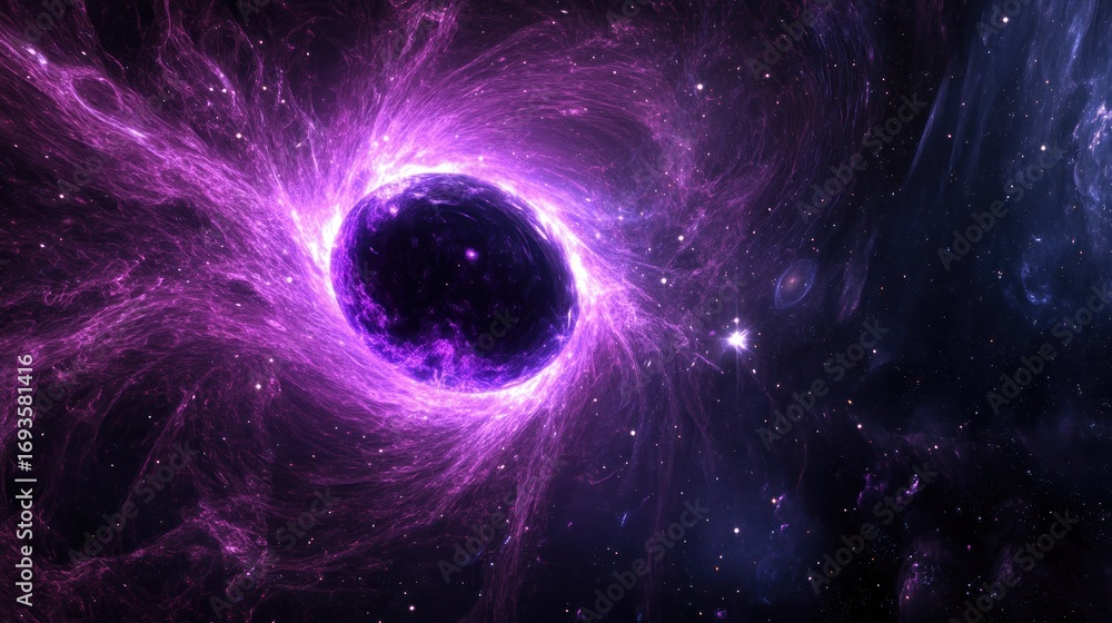 Poster cosmic vortex in deep space. energy flows around a dark celestial body