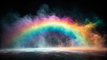 Vibrant Rainbow Arc Emerging from Colorful Smoke Over Dark Water spectrum colors Halloween