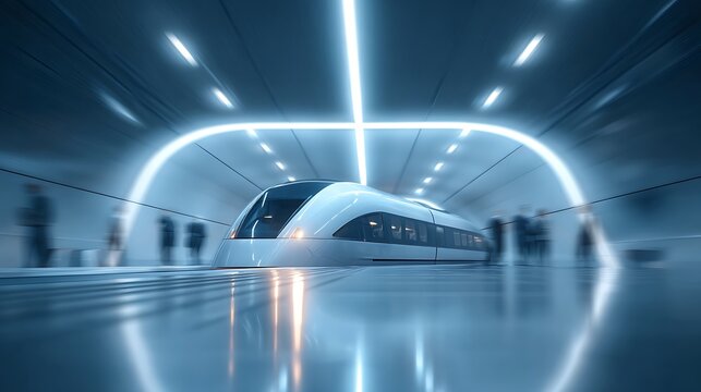 futuristic hyperloop pod arriving in sleek station bathed in cool white light passengers blurred in motion