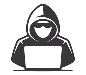 Anonymous hacker wearing a hooded sweatshirt and sunglasses using a laptop computer for cybercrime