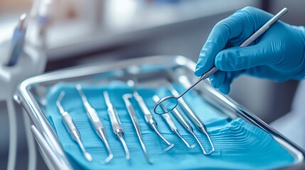 Closeup of dental surgical tools on a tray.