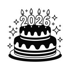 Hand drawn illustration of a two tiered cake with 2026 candles and sparkling stars