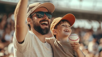Father and son cheering at a baseball game.