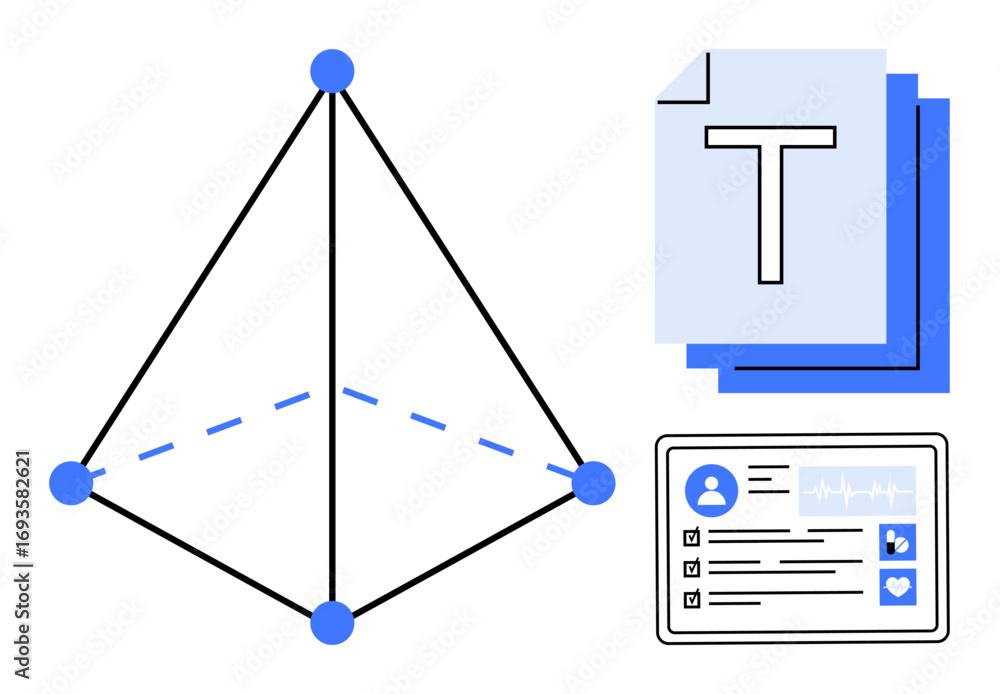 Aufkleber pyramid structure with blue nodes, text documents in layers, and a system interface card. ideal for 