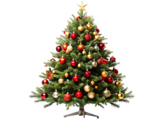 Christmas tree isolated on transparent background for Christmas decoration, ornaments, lights, star shape, gift box