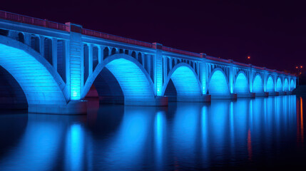 A beautifully lit bridge arches over calm waters, featuring striking blue illumination against a dark sky, reflecting its grandeur in the stillness below.