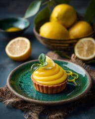 A bright and colorful photograph of lemon curd in a green plate surrounded by fresh lemons with leaves.