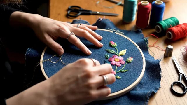 Woman embroidering a floral design on fabric with colorful threads.
