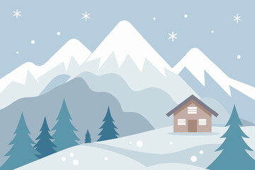 Winter landscape with cabin and mountains