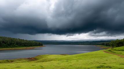 A serene landscape featuring a dark, cloudy sky over a tranquil lake, surrounded by lush greenery and forested hills.