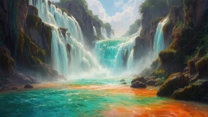 Lush waterfalls cascading down rocky cliffs