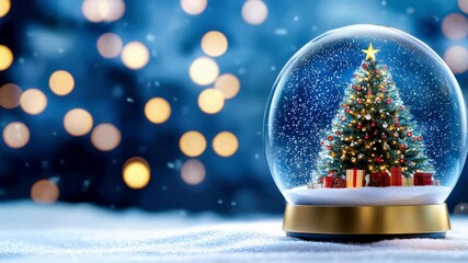 Snow globe Christmas tree holiday winter festive decoration gift sparkle snow bokeh ornament lights glitter gifts sparkling snow scene - Powered by Adobe