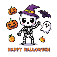 Spooky Halloween Cartoon Characters with Pumpkin and Ghost