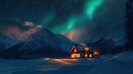 A charming cabin radiates warmth beneath the ethereal glow of the aurora borealis in a winter wonderland