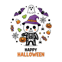 Spooky Halloween Cartoon Characters with Pumpkin and Ghost