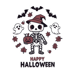 Spooky Halloween Cartoon Characters with Pumpkin and Ghost