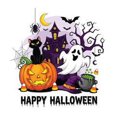 Spooky Halloween Cartoon Characters with Pumpkin and Ghost