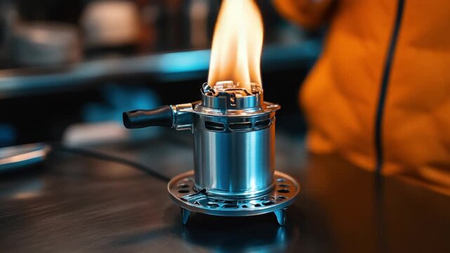 Burning Spirit Lamp: Close-Up of Flames and Metal Design in Action