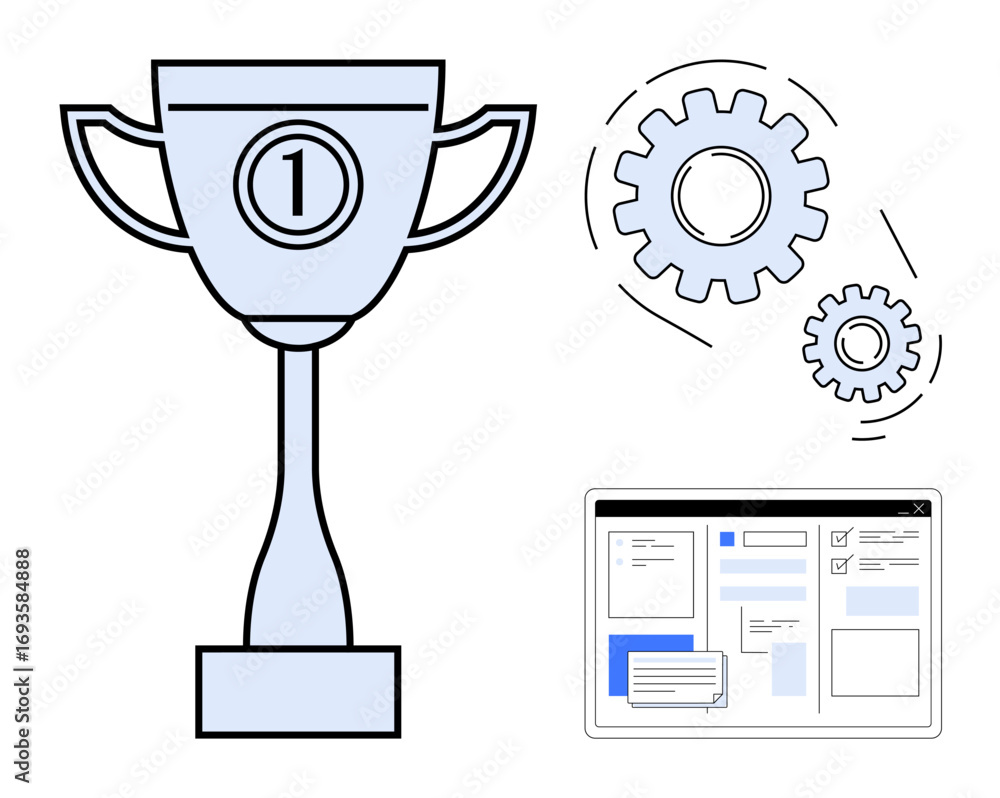 Aufkleber trophy with number one, interconnected gears, and interface with messages and forms. ideal for succe