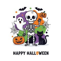 Spooky Halloween Cartoon Characters with Pumpkin and Ghost