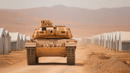 A tank maneuvers through a desert landscape, flanked by temporary tent structures, highlighting military presence in a harsh environment.