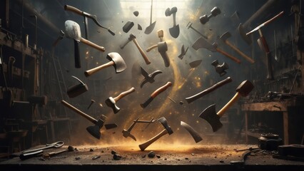 Tools levitate in a dusty workshop
