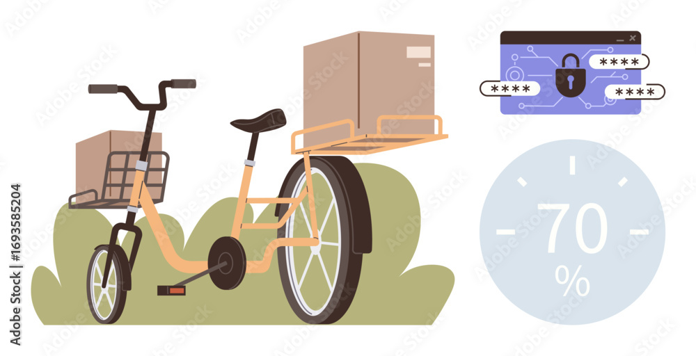 Poster cargo bike with packages in baskets, security padlock on browser tab with password fields, and progr