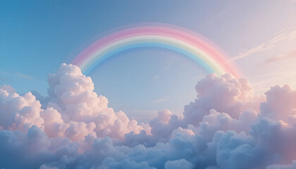 A dreamy pastel background with soft clouds and a magical rainbow arch.