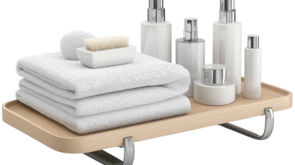Neatly Arranged Bath Towels and Skincare Products on Wooden Shelf for Spa and Bathroom Décor