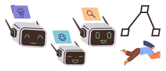 Robots with icons for creativity, research, and communication interacting with human figure. Network diagram represents collaboration. Ideal for teamwork, automation, research, education, AI