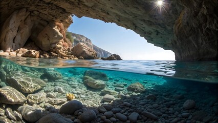 Over Under View Of Tropical Cave With Turquoise Water And Rocky Shore
