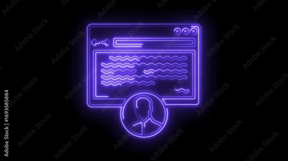 Poster glowing neon icon displaying a profile page with text content on black background