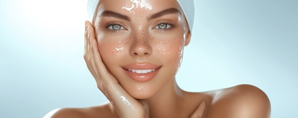 A smiling woman with radiant skin and a spa treatment on her face, showcasing beauty and skincare.