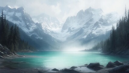 Misty mountain lake landscape