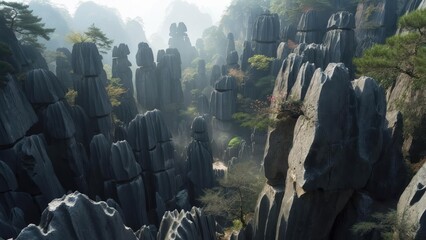Misty mountain landscape with unique rock formations