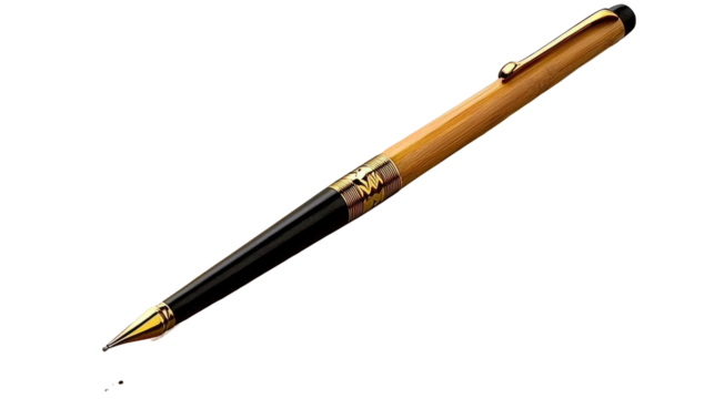 Elegant gold and black ballpoint pen with wooden design isolated on white background for writing and office use