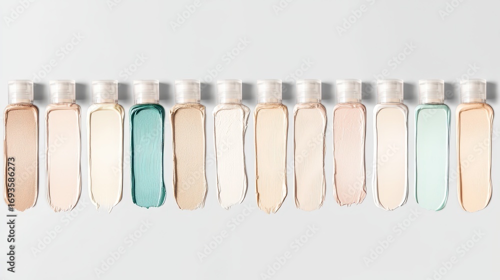 Poster a row of sleek, transparent bottles filled with various shades of liquid, showcasing a gradient of c