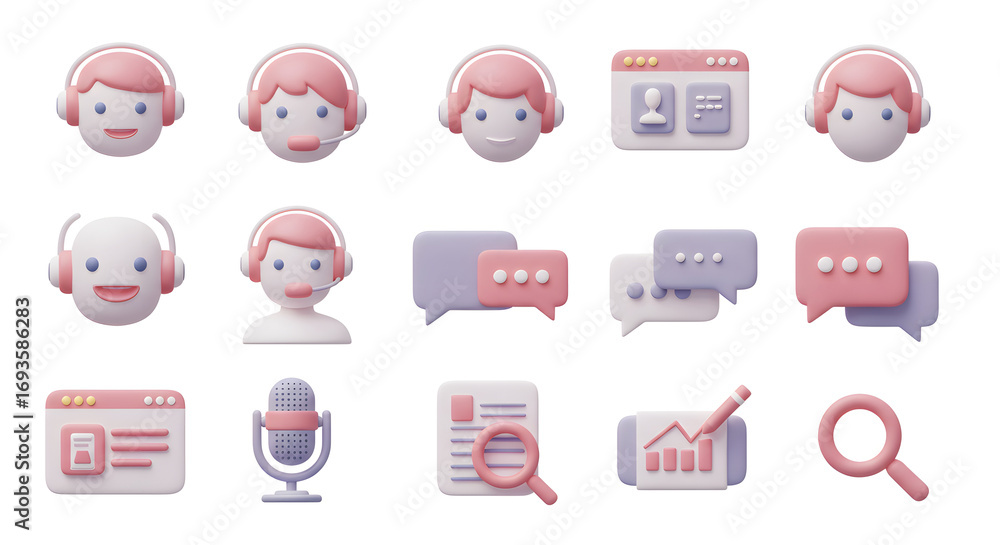 Poster a collection of minimalist 3d icons for customer support, including call center agents, chat bubbles