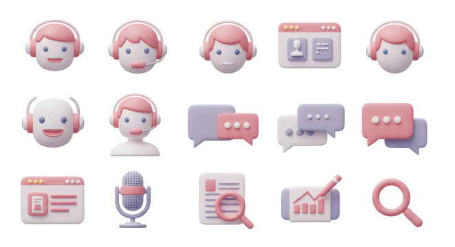 A collection of minimalist 3D icons for customer support, including call center agents, chat bubbles, data analysis, and user interface elements for web design