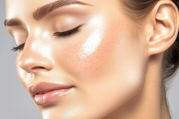 Fototapeta premium A close-up of a woman's face showcasing glowing skin, highlighting the beauty and texture of her complexion.